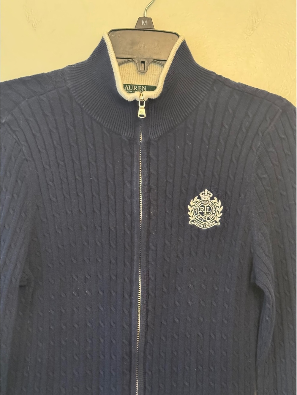 Lauren Ralph Lauren Women’s M Navy Cable Knit Full Zip Sweater Crest 100% Cotton